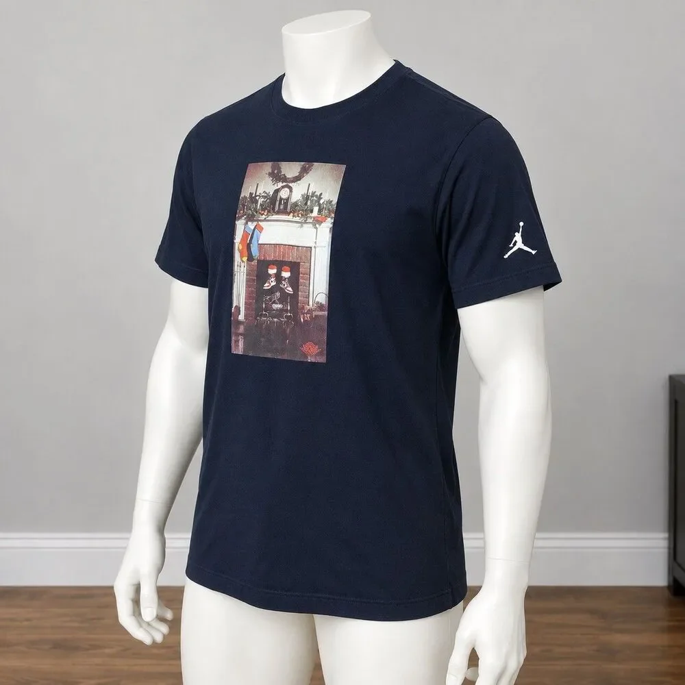 Jordan AJ1 Christmas Fireplace Graphic T Shirt Men S Black Holiday Streetwear